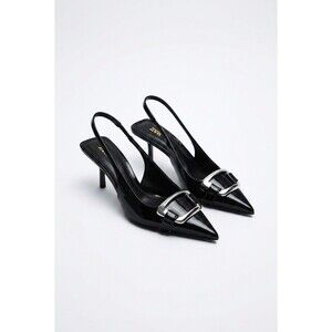 Zara NWOT Black Pointed Toe Slingback Heels Silver Buckle Sz 6.5 EUR 37 2275/310